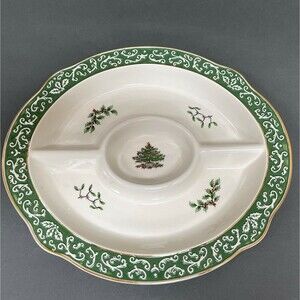 Spode Christmas Tree Oval Embossed Divided Platter Holly Berries Retails $100